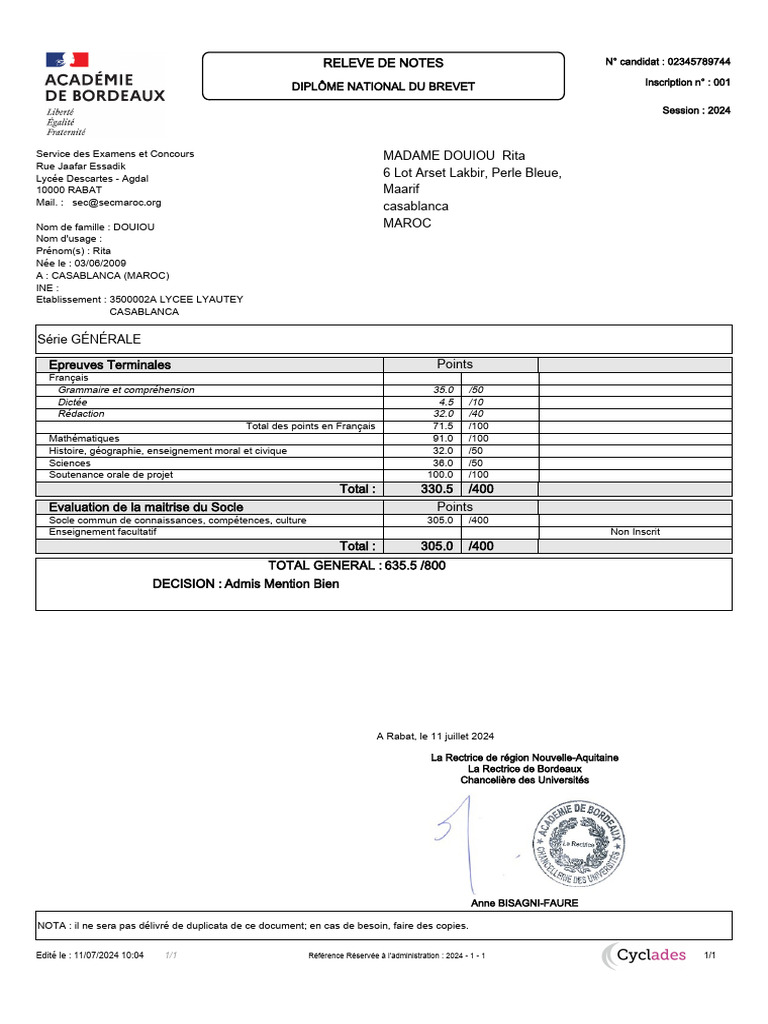 Releve de Notes 234578974400001 | PDF