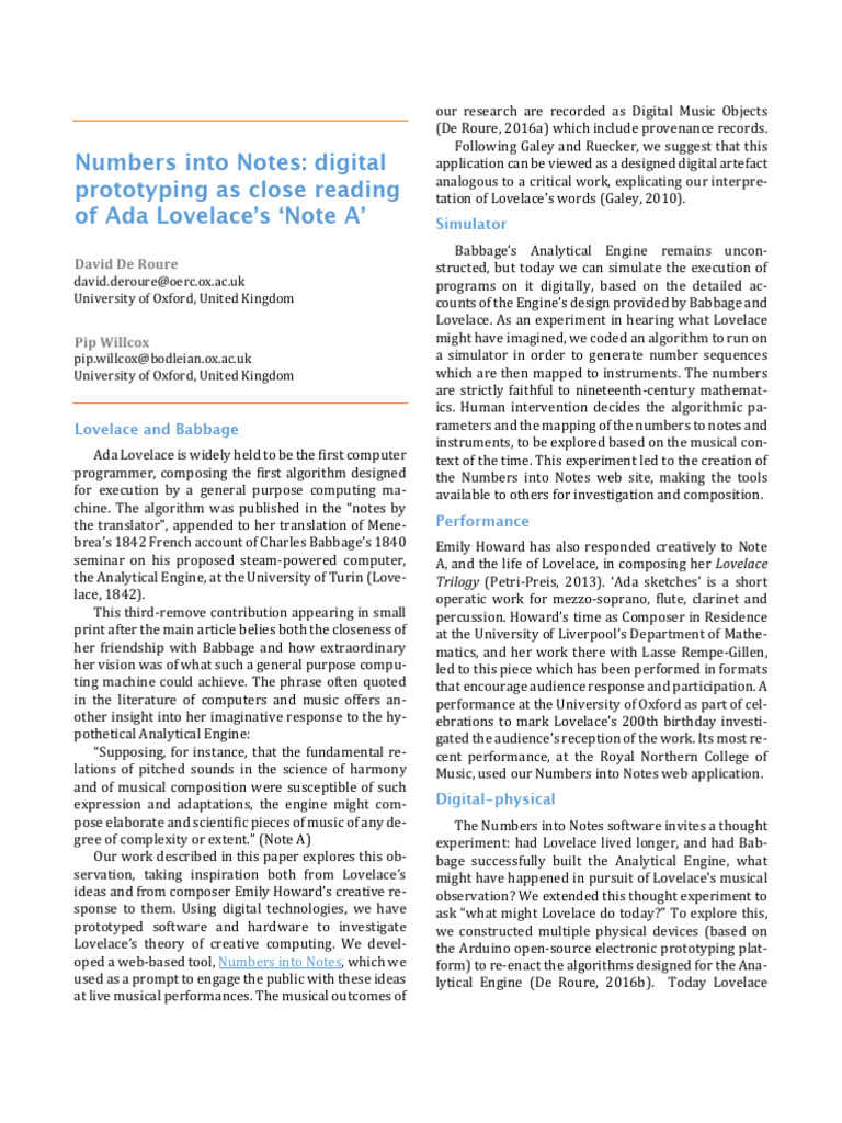 Numbers Into Notes - Digital Prototyping As Close Reading of Ada ...