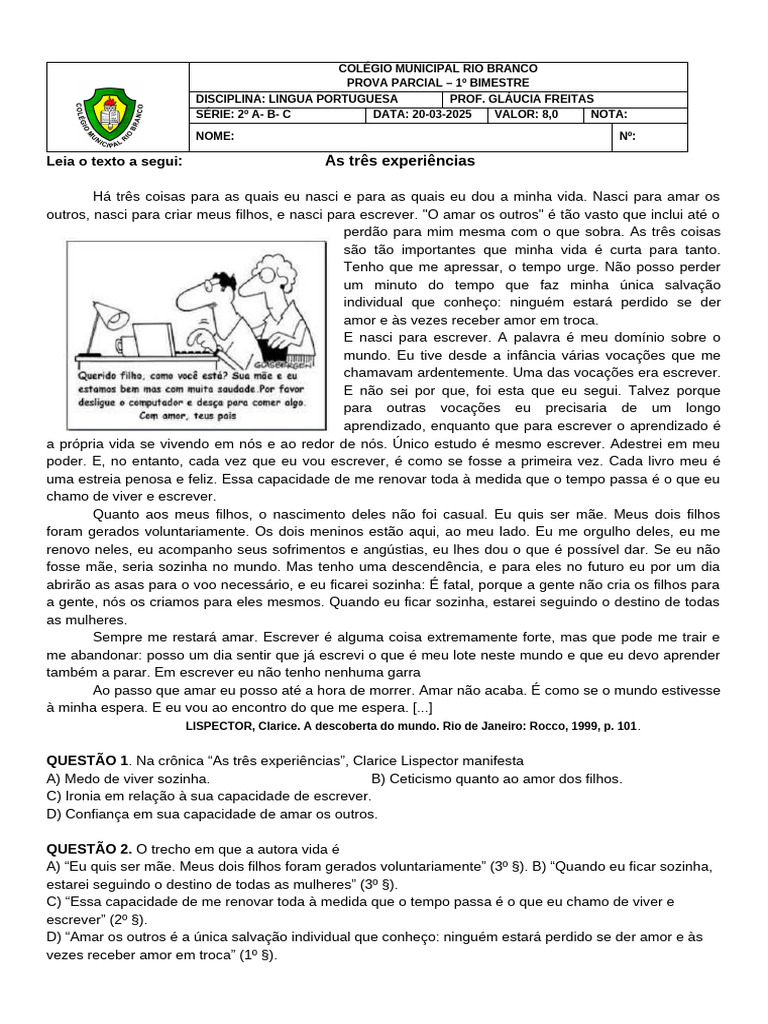 Prova Parcial de Lingua Portuguesa 2º Ano 2025 | PDF | Amor | Linguística