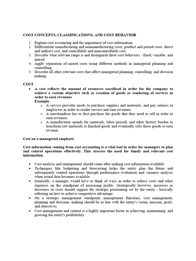 Lecture Notes #2 Cost Concepts, Classifications, and Cost Behavior | PDF