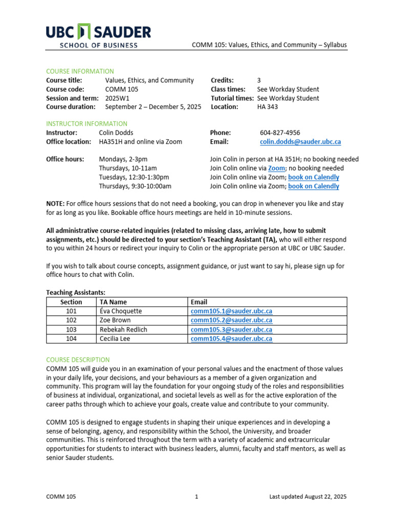 COMM 105 - Syllabus - 2025W1 Sections 101-104 | PDF