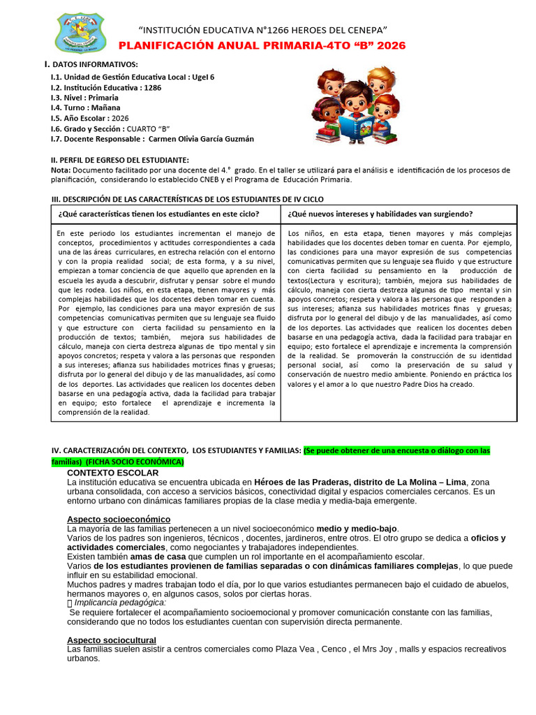 Planificaciòn Anual Primaria 4to Grado - 2026 | PDF