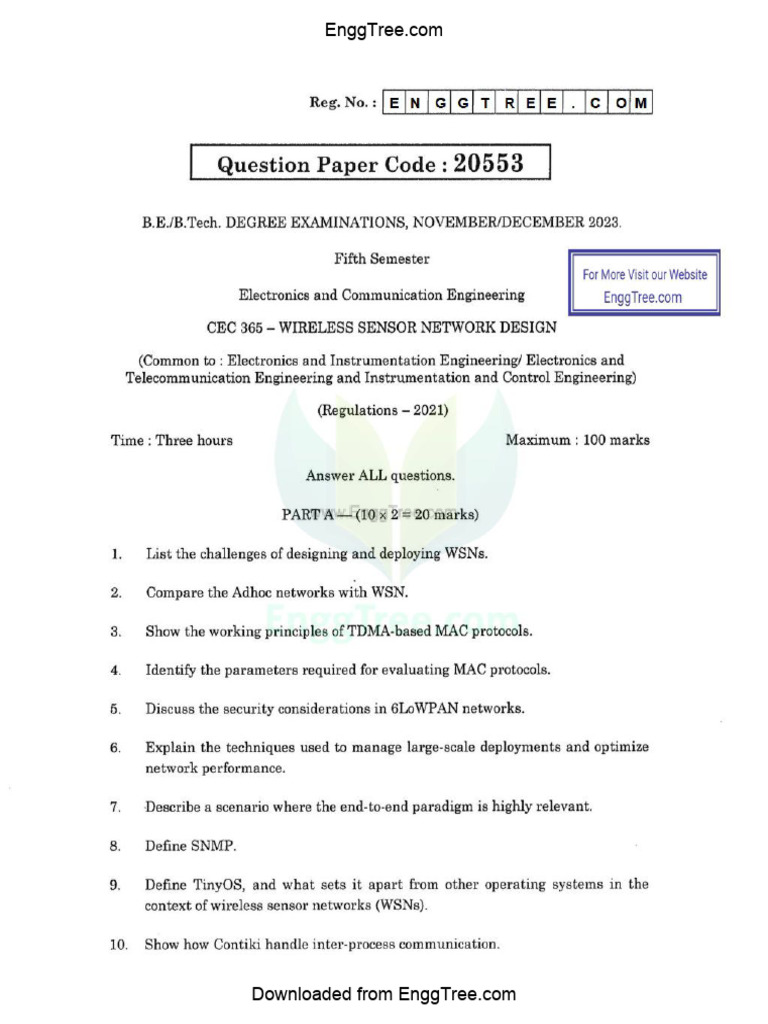 CEC365 Wireless Sensor Network Design Nov Dec 2023 Question Paper ...