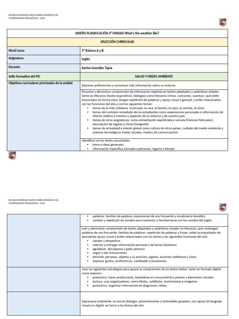 Planificación EDSM 2025 4ta Unidad - Inglés 5º Básico | PDF