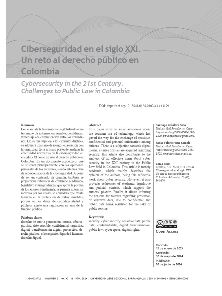 Ciberseguridad en El Siglo XXI. Un Reto Al Derecho Público en Colombia ...