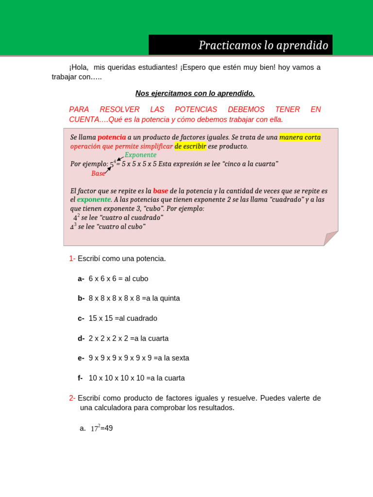 9- Practicamos Lo Aprendido (2) | PDF | Exponenciación | Matemáticas