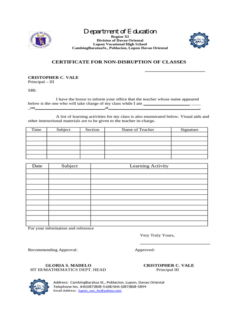Certificate For Non Disruption of Classes | PDF | Behavior Modification