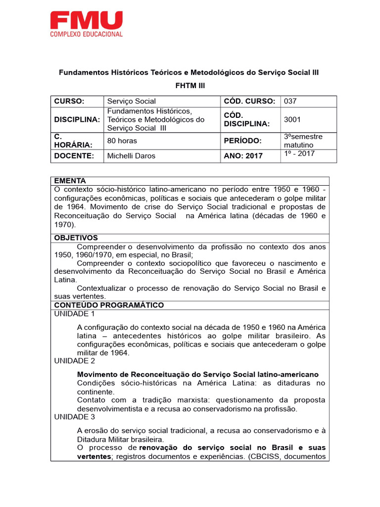 Plano de Ensino - FHTM III 2017 | PDF