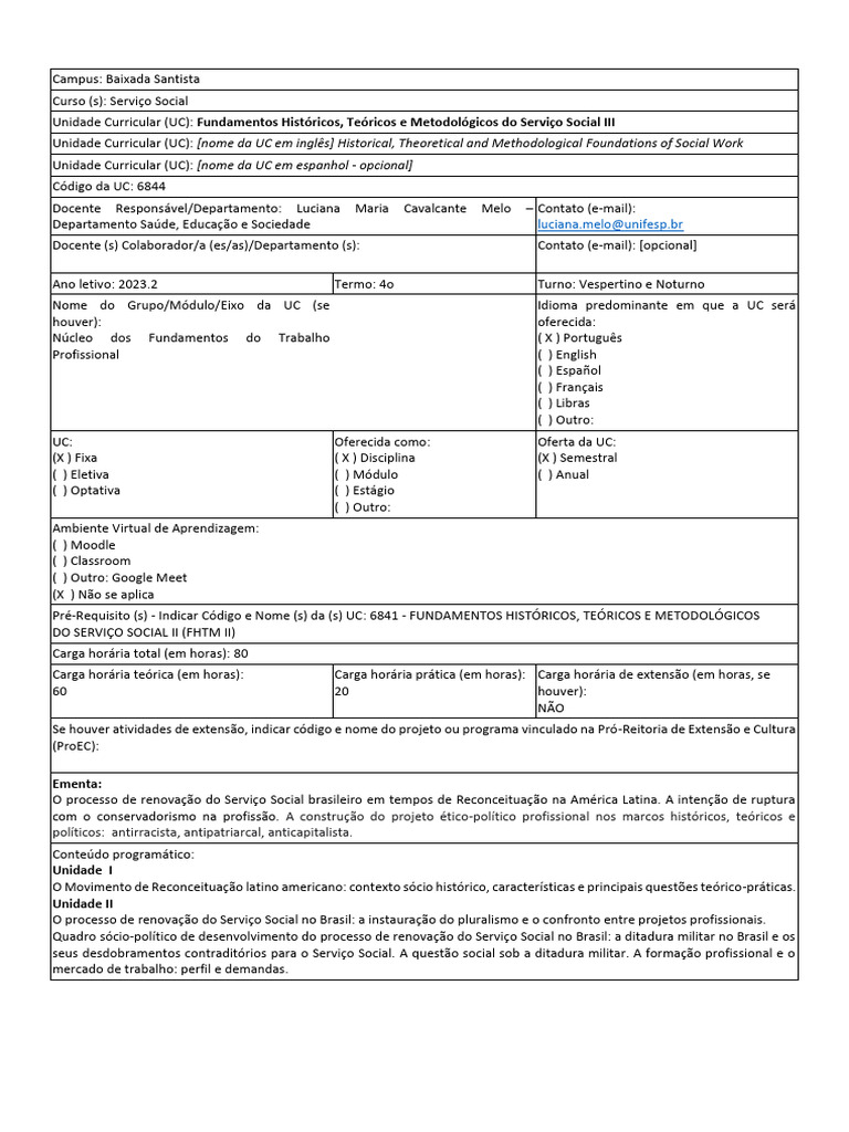 Plano Ensino FHTM III 2023 2 Cronograma | PDF