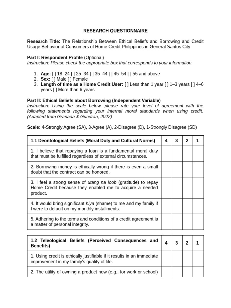 Thesis Research Questionnaire Villazorda | PDF | Credit | Finance ...