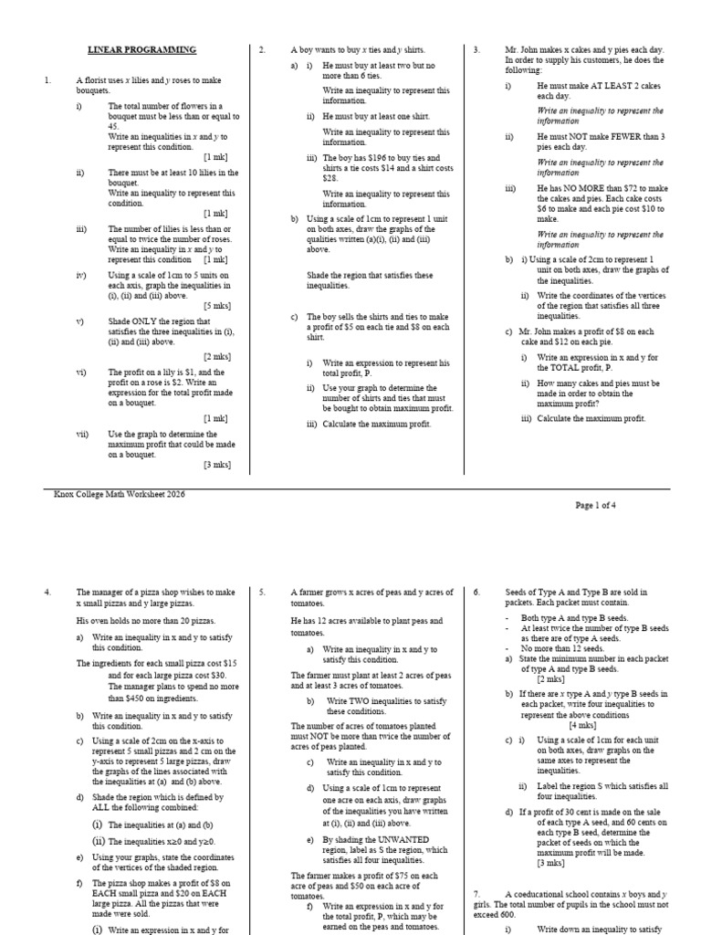 Linear Programming Worksheet | PDF