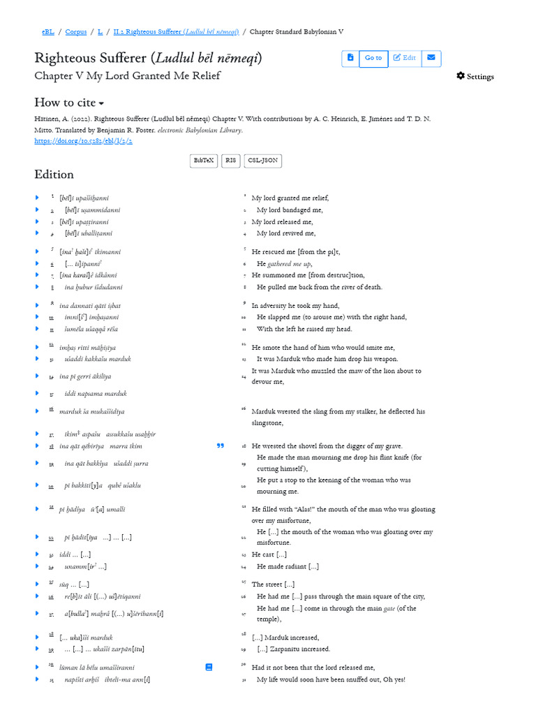Righteous Sufferer (Ludlul Bēl Nēmeqi) Chapter V - Text Edition in The ...