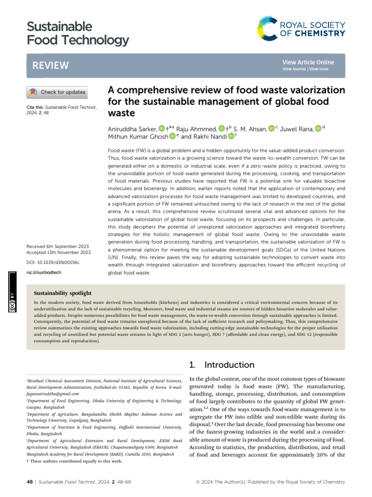 Review of Food Waste Valorization For The Sustainable Management Sarker ...