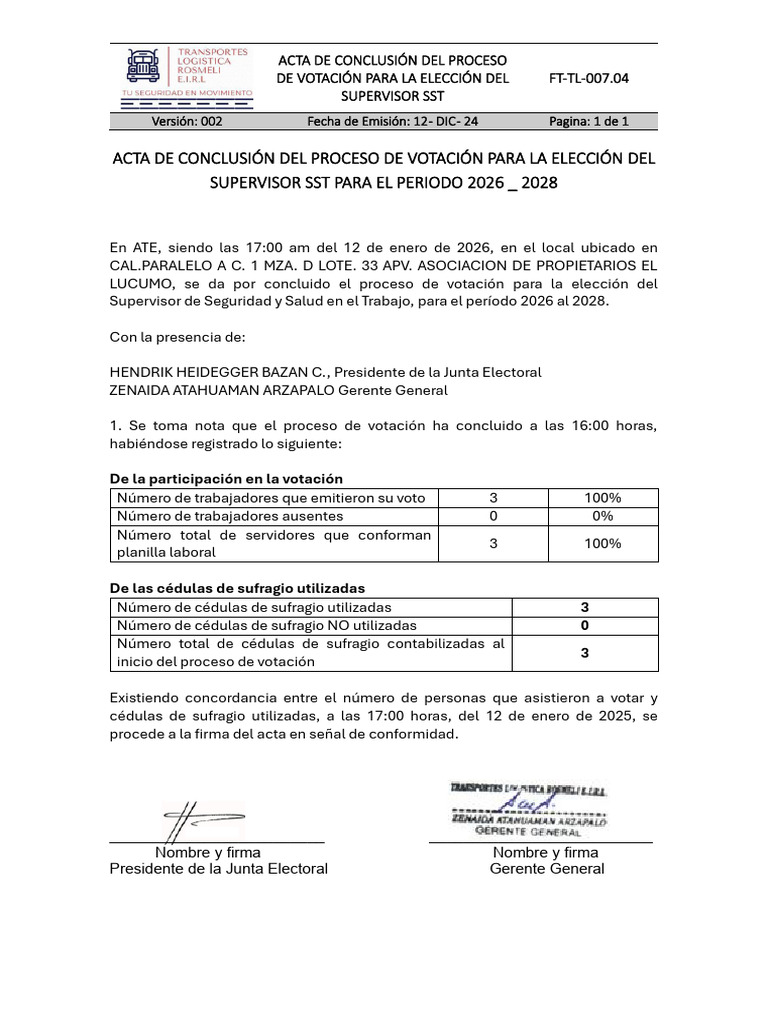 Acta de Conclusión Del Proceso de Votación | PDF