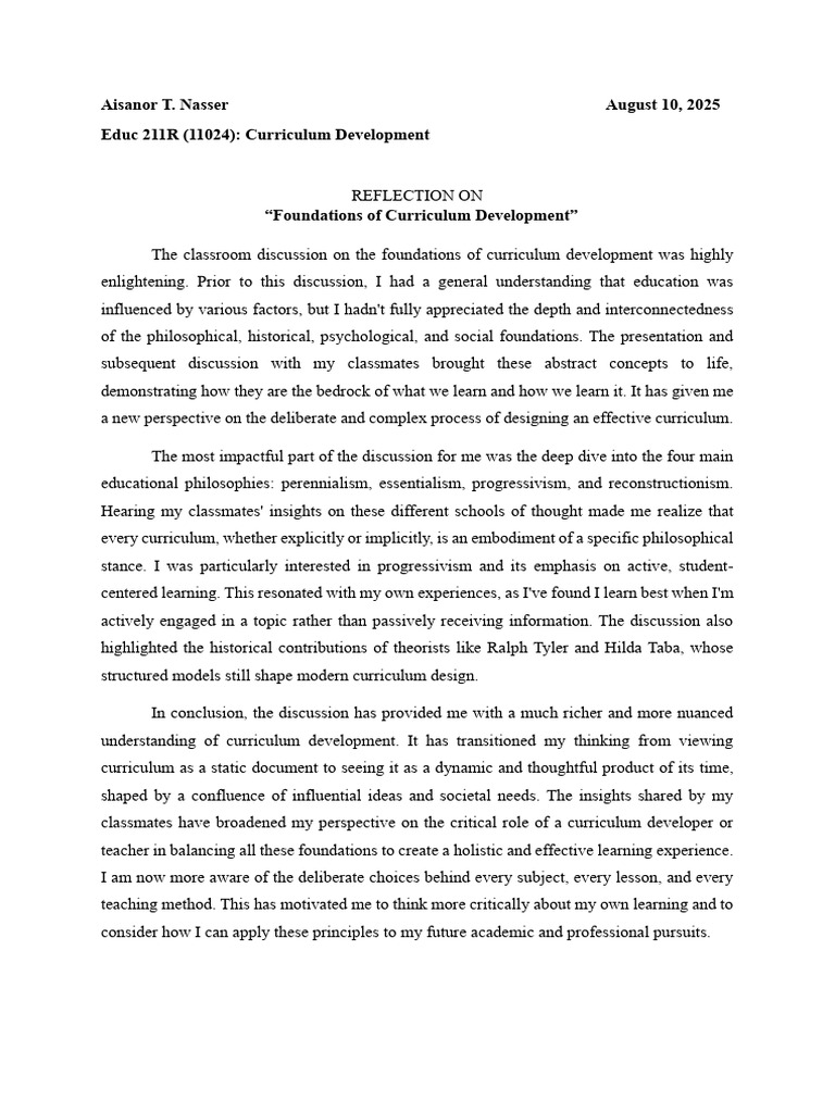 Nasser's Reflection (Cur. Dev) 2 | PDF | Curriculum | Thought