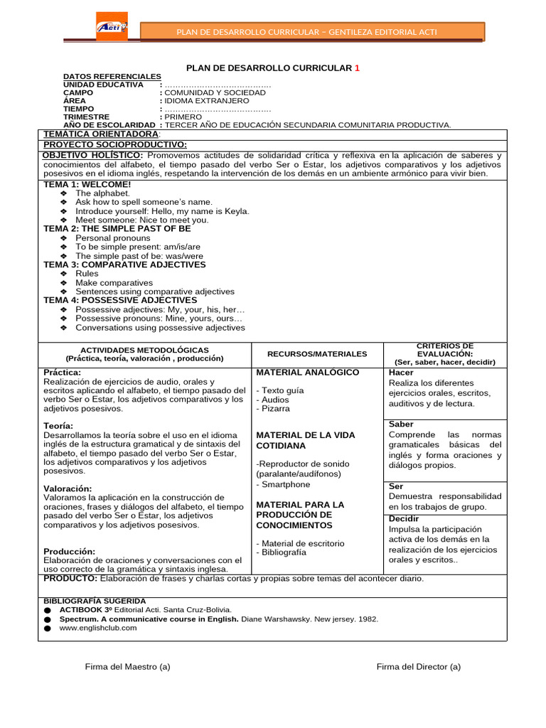 Ingles 3ro - Plan de Desarrollo Curricular | PDF