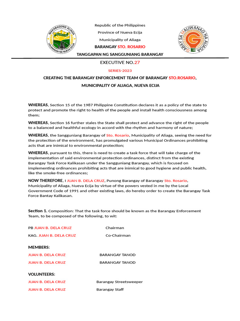 Barangay Enforcement Team Format | PDF | Government | Justice