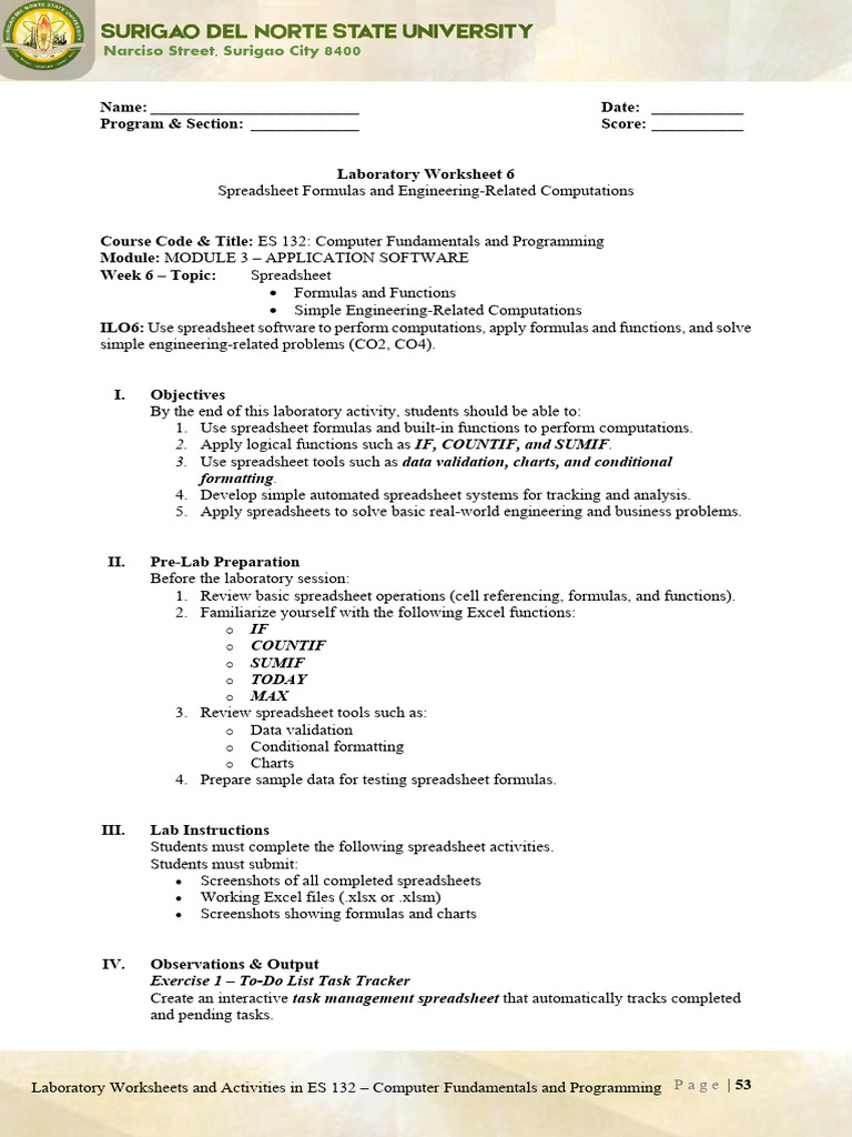 ES 132 Week 6 Laboratory Worksheet 6 | PDF | Spreadsheet | Microsoft Excel