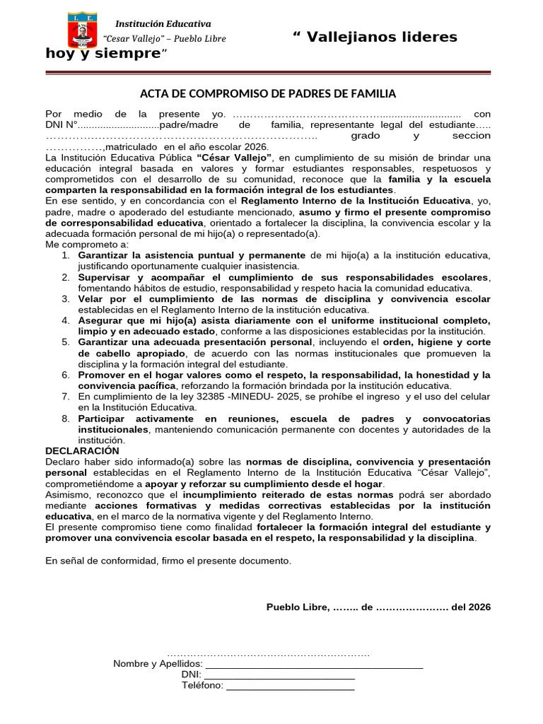 Acta de Compromiso de Padres de Familia | PDF | Escuelas | Institución