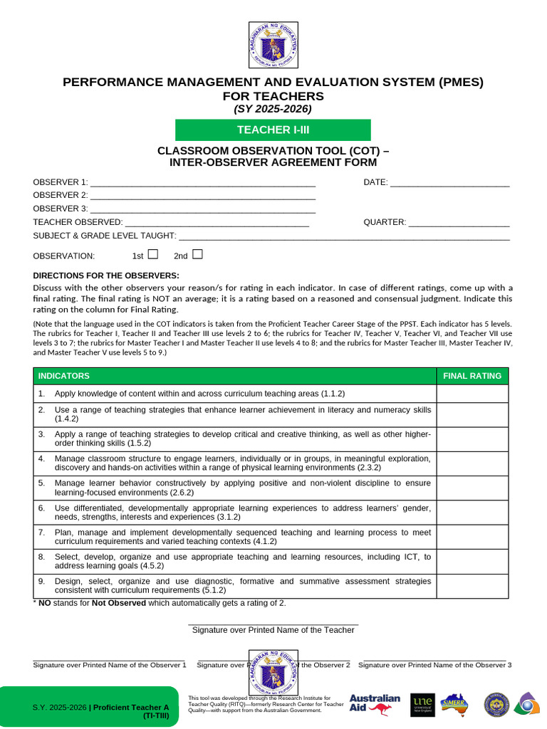 Annex E 3 COT Inter Observer Agreement Form for Beginning Towards ...