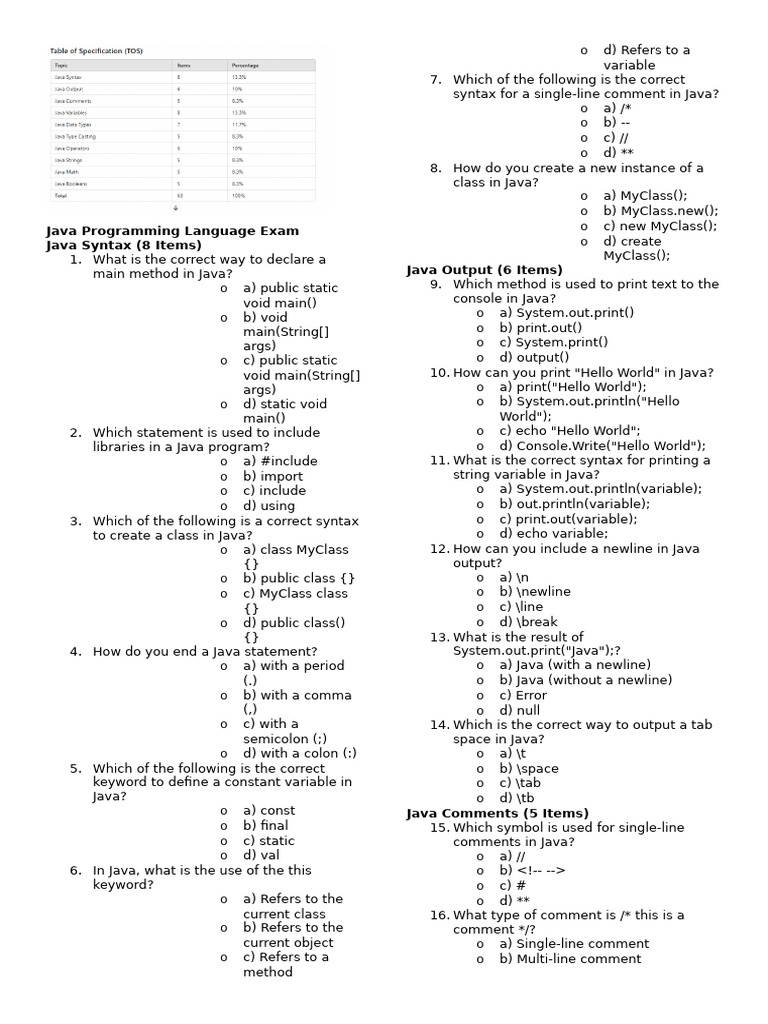 Java Programming Language Exam | PDF