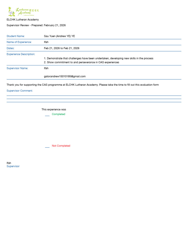 CAS Completion Form - YE Sau Yuen Andrew YE - Ifah | PDF