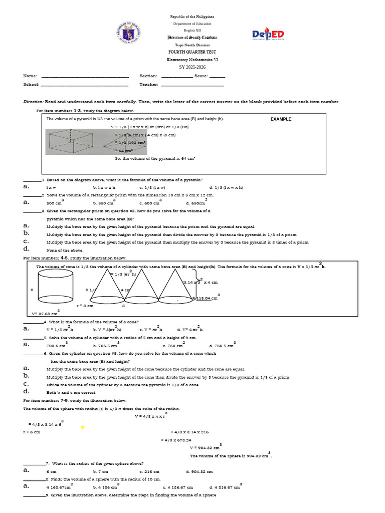 Math 6 Quarter 4 Test | PDF