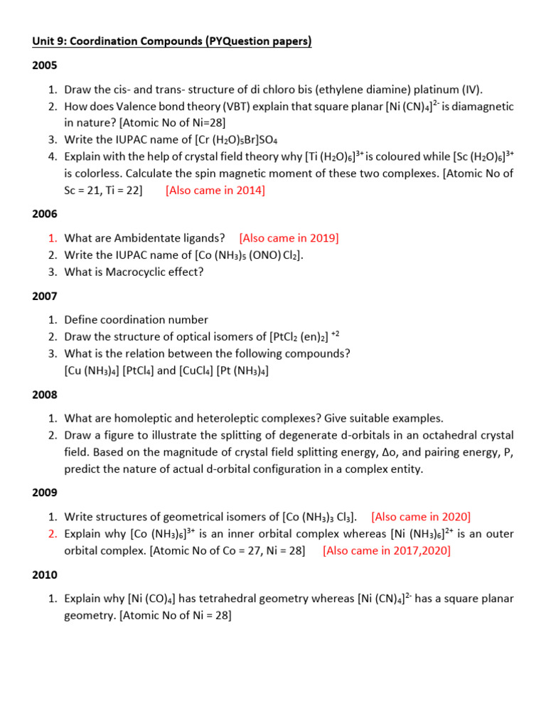 Unit 9 Coordn Compds PYQs | PDF