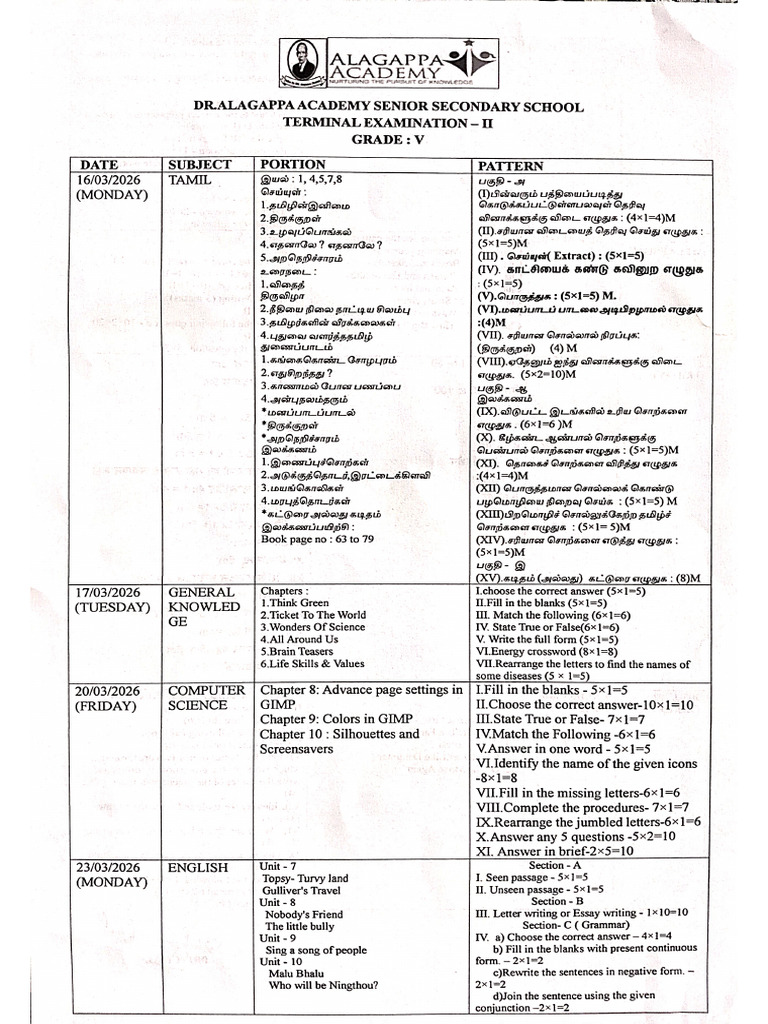 Grade 5 Term 2 Timetable | PDF