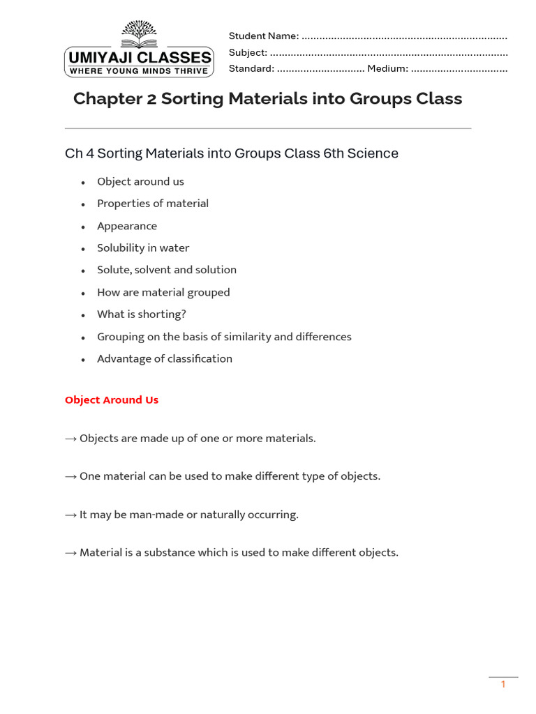 Class 6 Chapter 2 Sorting Materials Into Groups Class | PDF