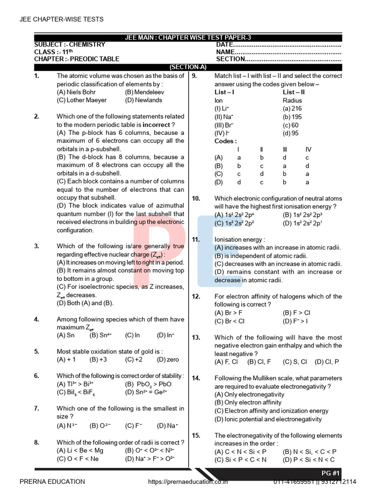 3 Preodic Table Question 1 2 | PDF