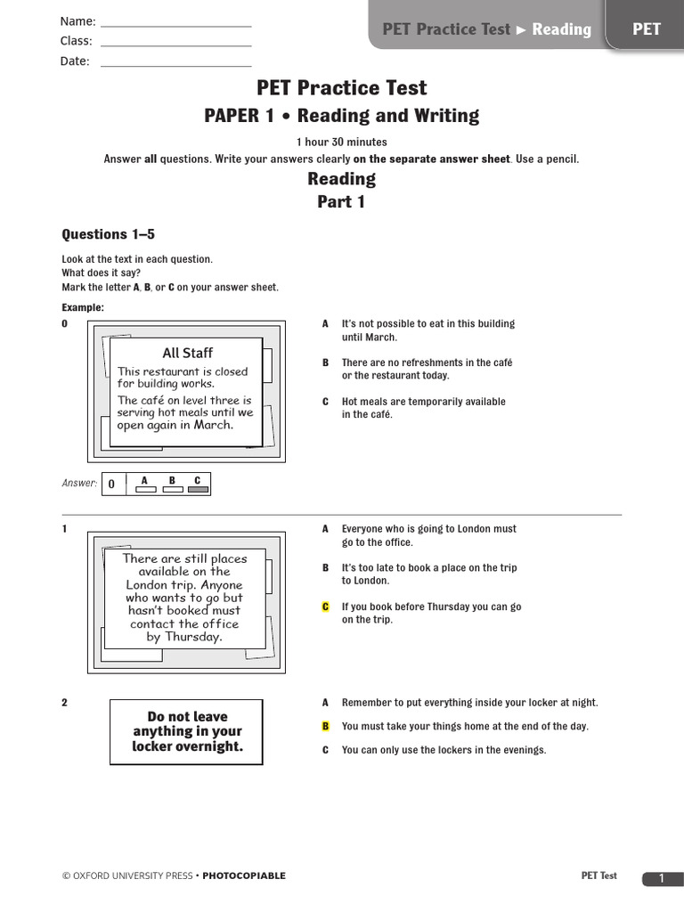 Pet Practice Test (Read & Write) | PDF