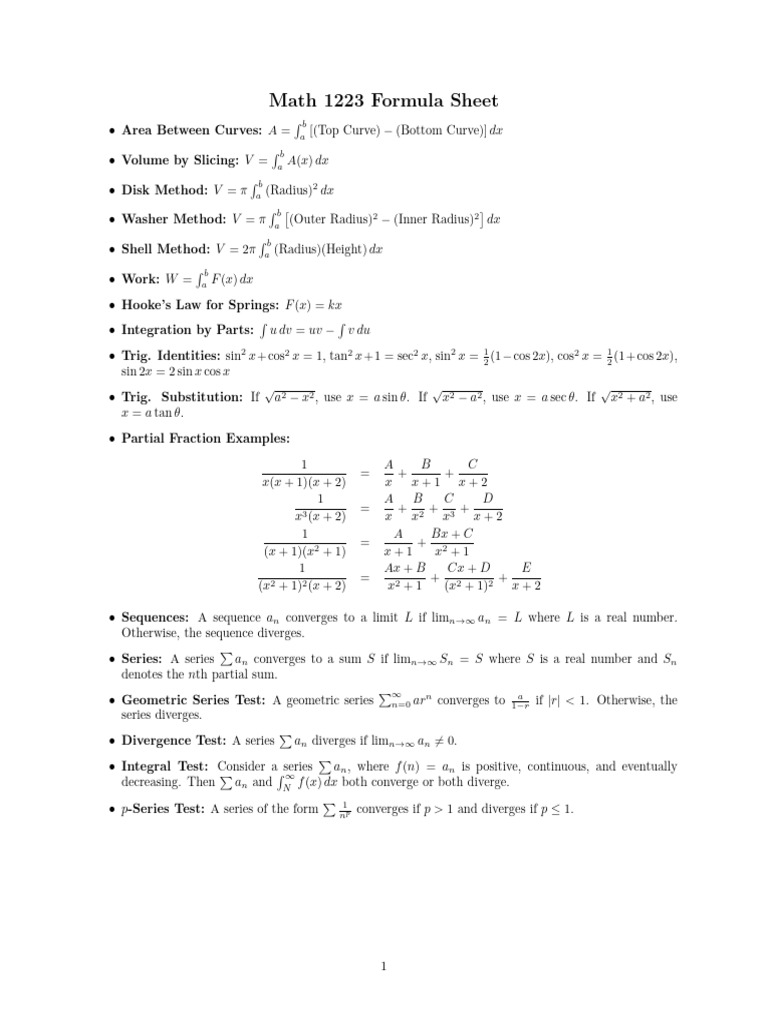 1223 Final Exam Formula Sheet | PDF
