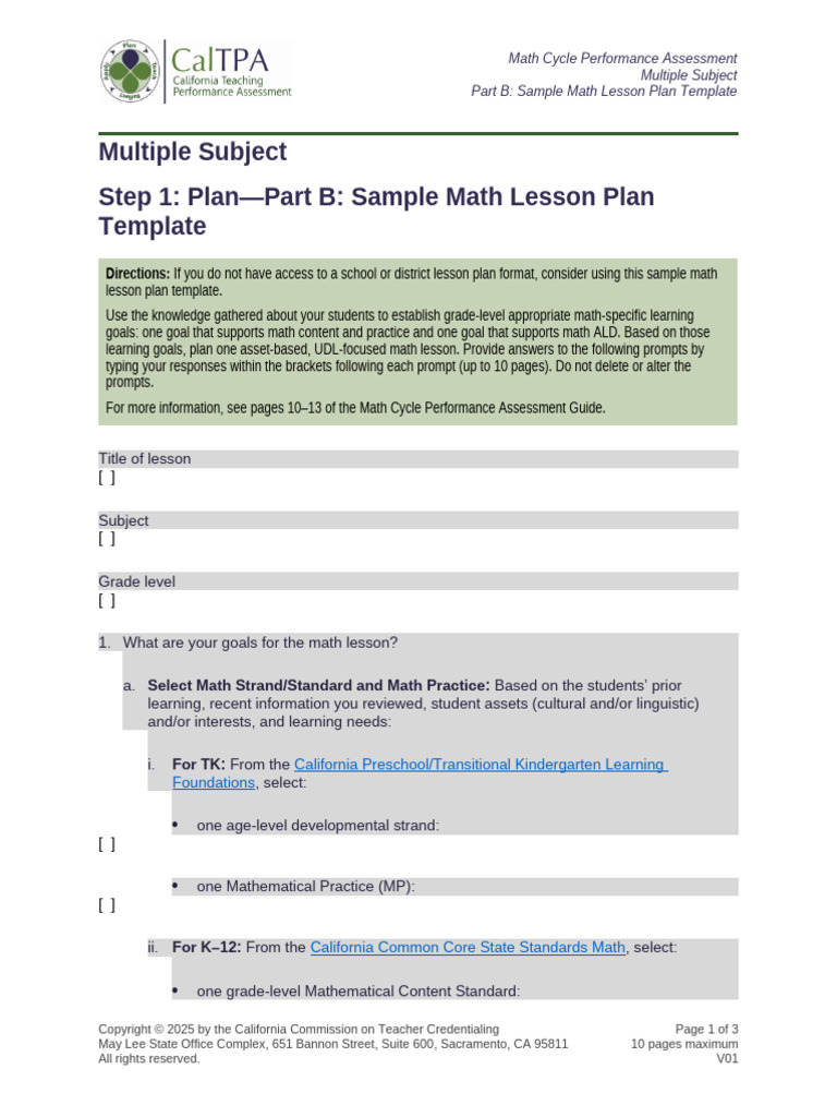 Multiple Subject Math Lesson Plan Template | PDF | Mathematics | Lesson ...