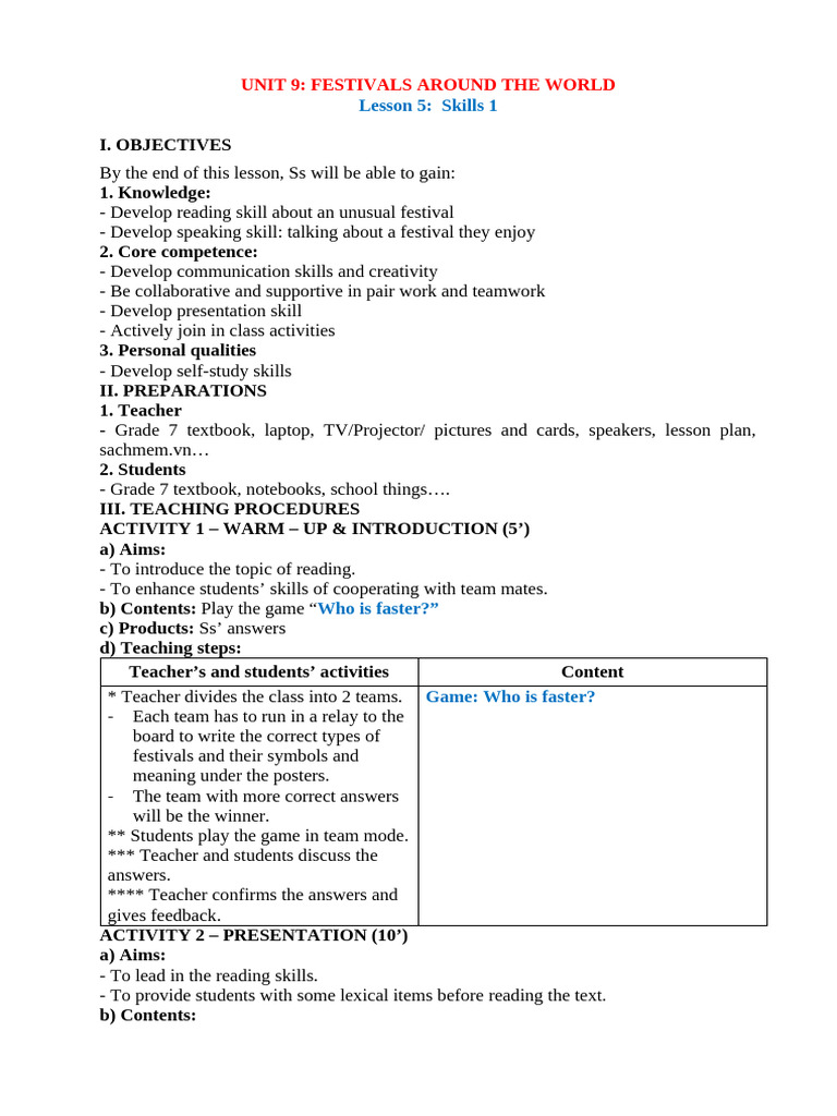 Unit 9: Festivals Around The World: Lesson 5: Skills 1 | PDF