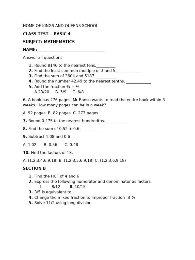 Class Test Basic Four | PDF