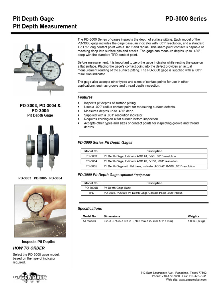 Pit Gage Gagemaker PD 3000 Series Operation Manual | PDF