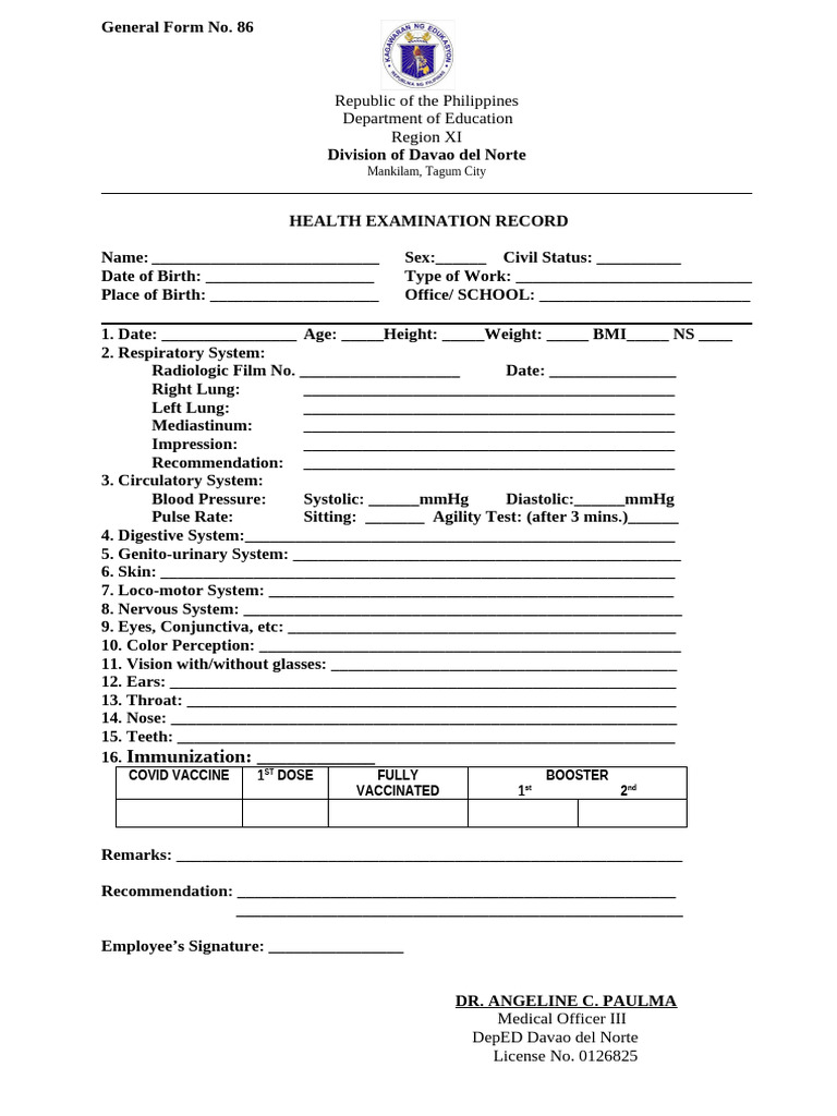 Health Examination Record (Form 86) | PDF | Blood Pressure | Vaccination