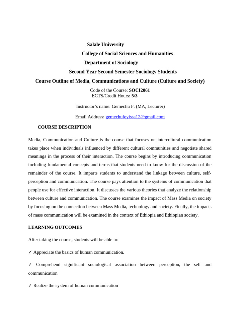 Course Outline of Media, Communication and Culture | PDF