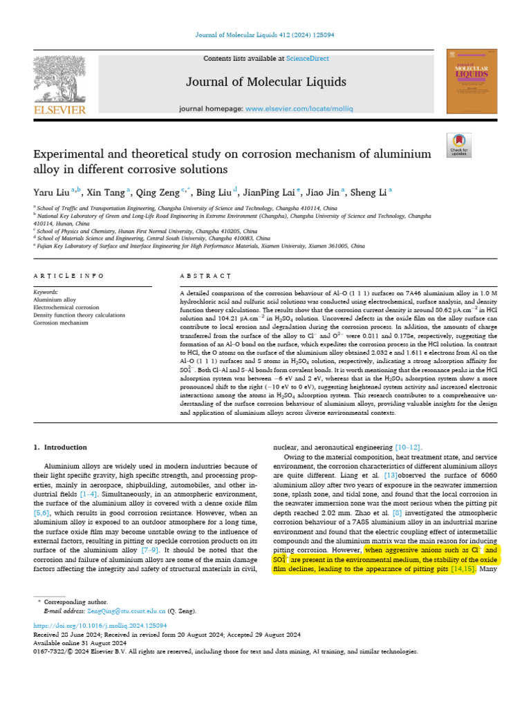 Journal of Molecular Liquids: Yaru Liu, Xin Tang, Qing Zeng, Bing Liu ...