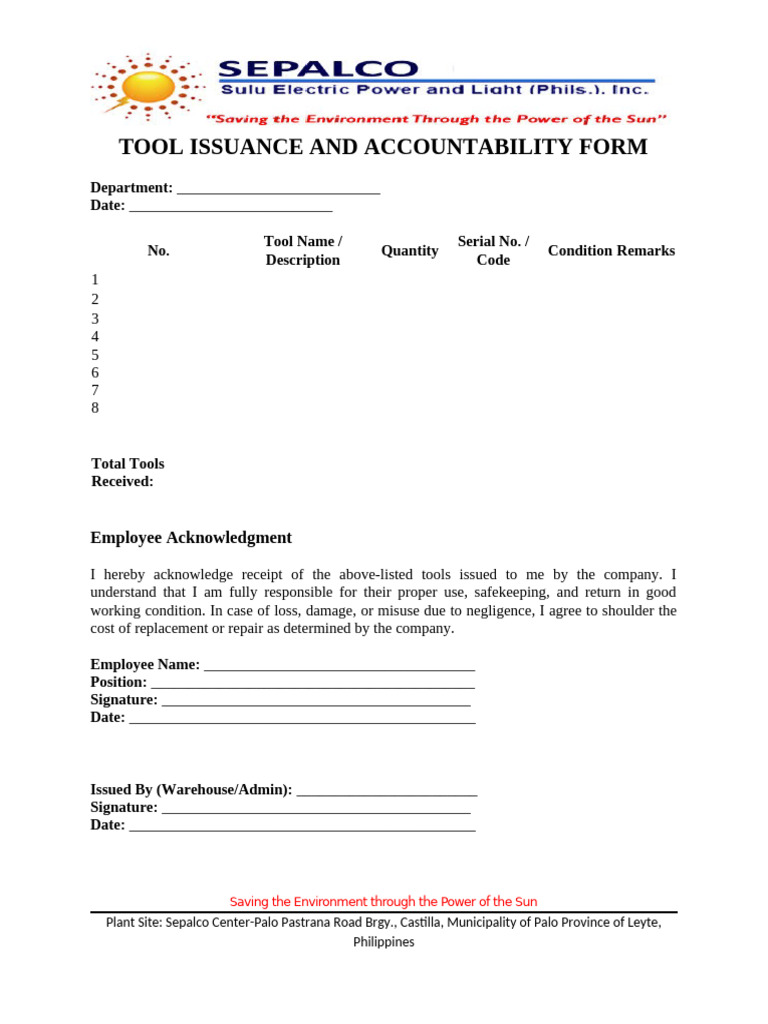 Tool Issuance and Accountability Form | PDF
