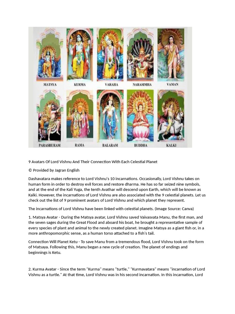 9 Avatars of Vishnu With Planets | PDF | Hindu Gods | Hindu Deities