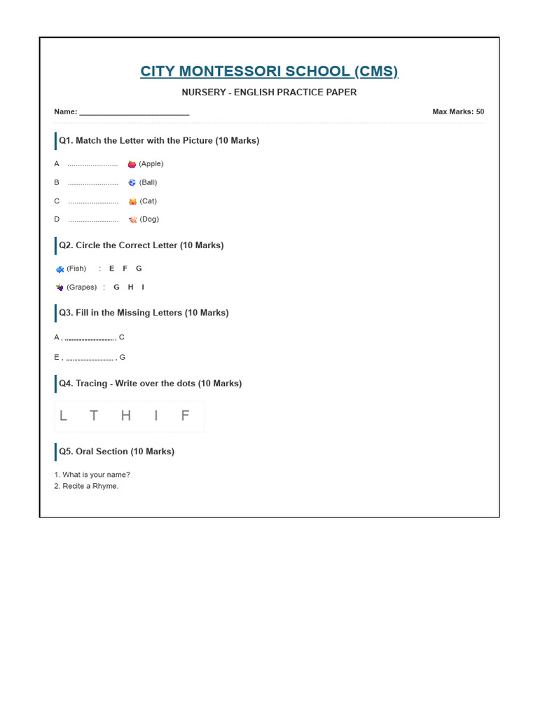 CMS Nursery Practice Papers | PDF