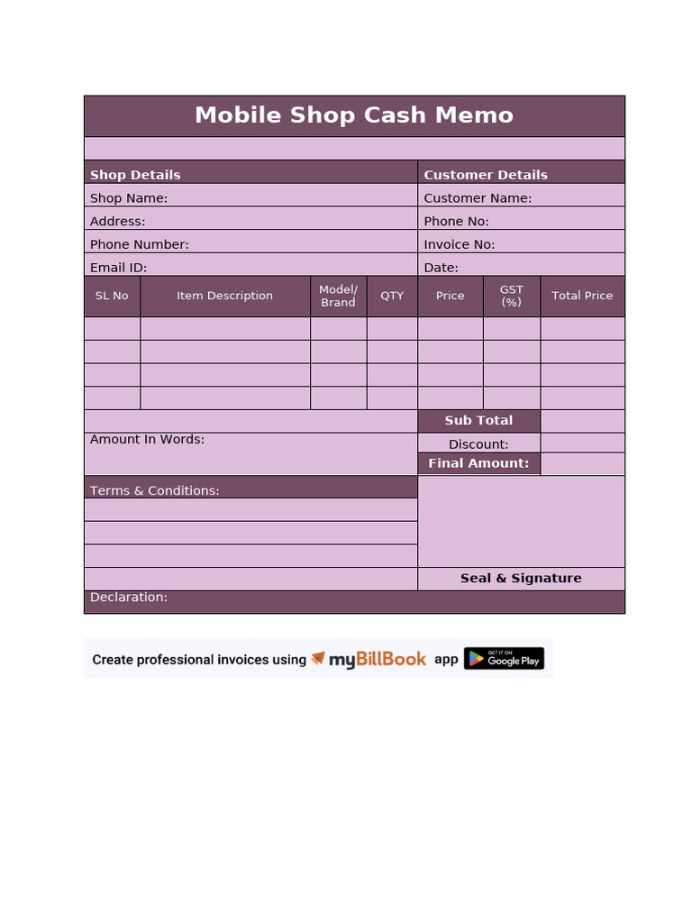 Mobile Shop Cash Memo | PDF