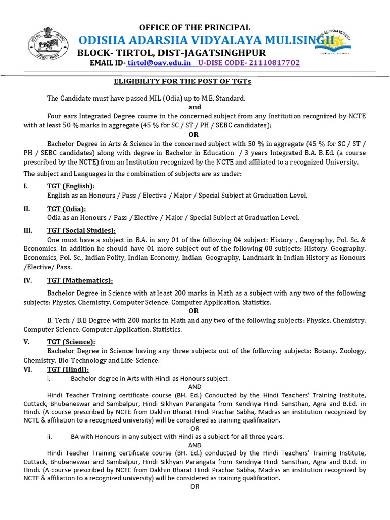 OAV Mulisingh Tirtol Jagatsinghpur Recruitment 2026 PGTTGT Positions ...