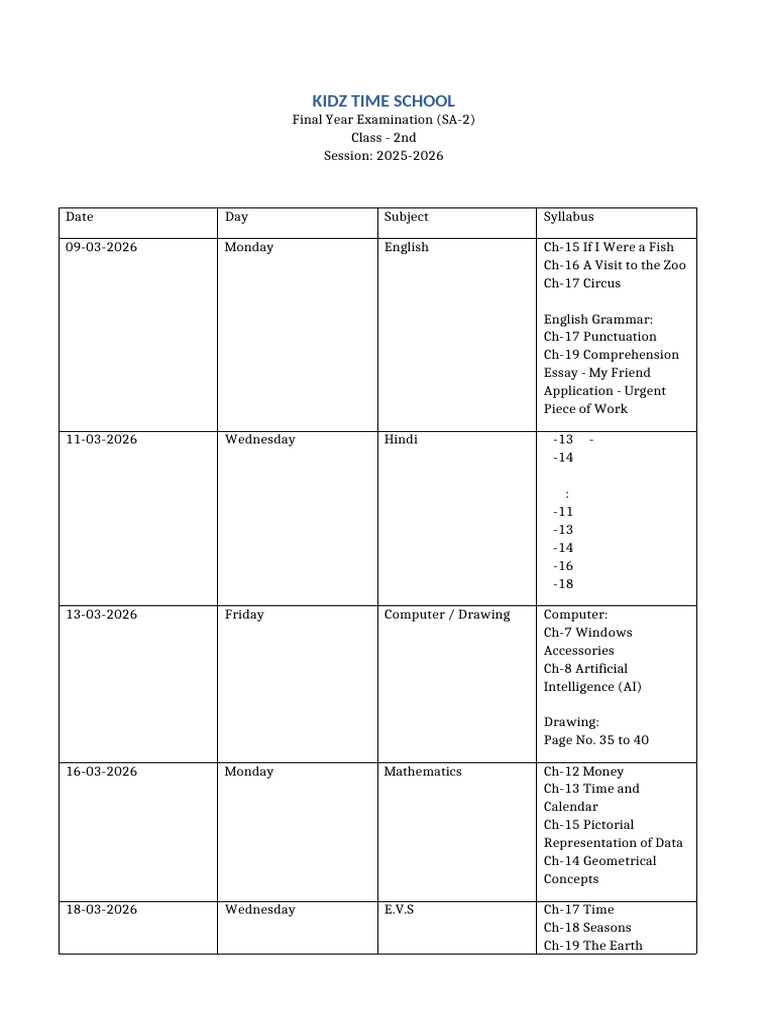 Class 2 Final Exam Datesheet With Syllabus Updated 2025-26 | PDF