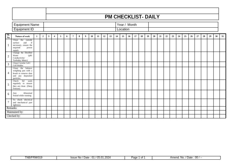 TNB FRM 019 PM Checklist Daily | PDF