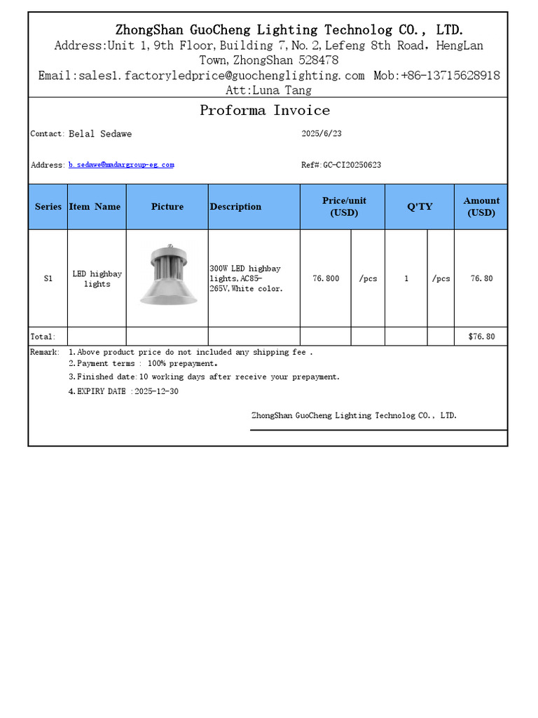 Proforma Invoice-LED Highbay Lights | PDF
