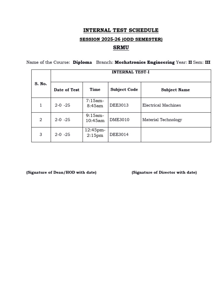 Internal Test Schedule 2025-26 (Odd) Diploma in Mechatronics ...