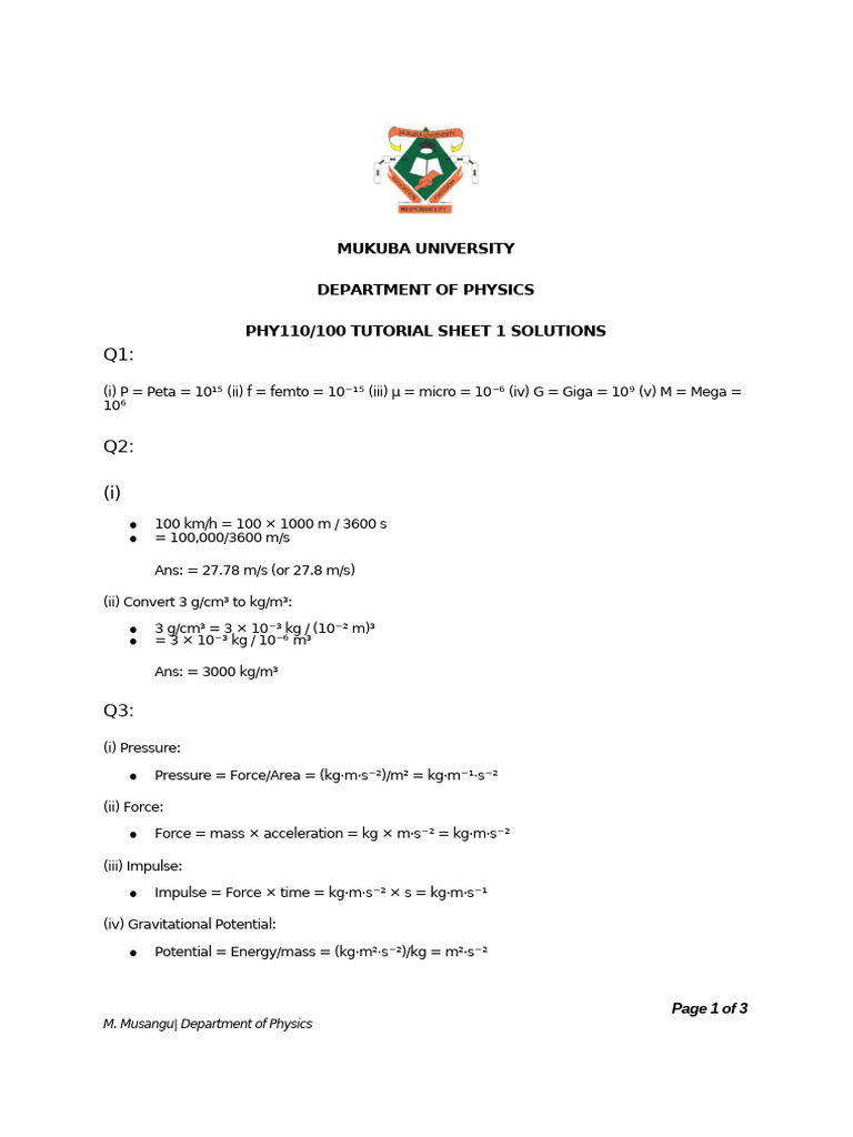 Solution - Tutorial Sheet 1 - PHY100-110 | PDF